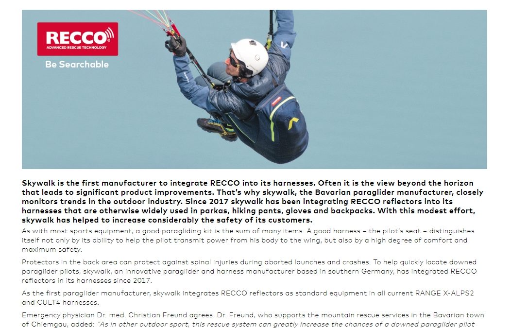 skywalk paragliders - RECCO - Pressemitteilung